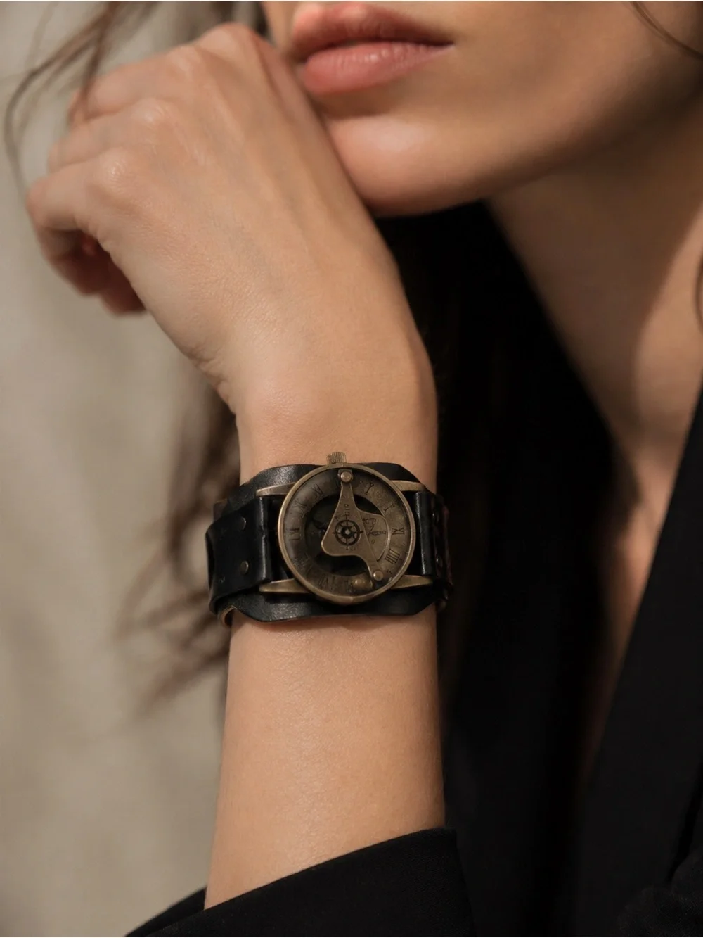 PANDEIA Sundial Watch Black Leather Cuff Bronze Roman Numeral Steampunk Artisan